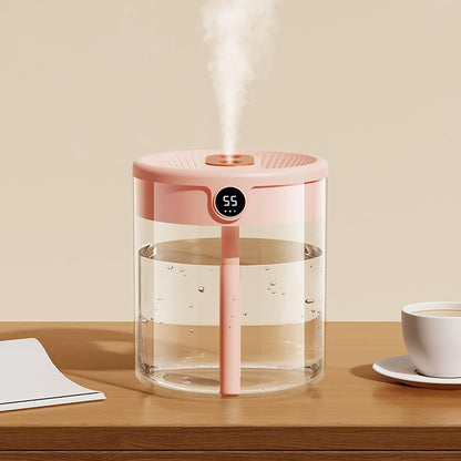 Pink 2L Dual-Spray Ultrasonic Humidifier and Air Diffuser with Night Light - USB Powered, Quiet Operation, Smart Digital Display & Real-Time Humidity Sensor
