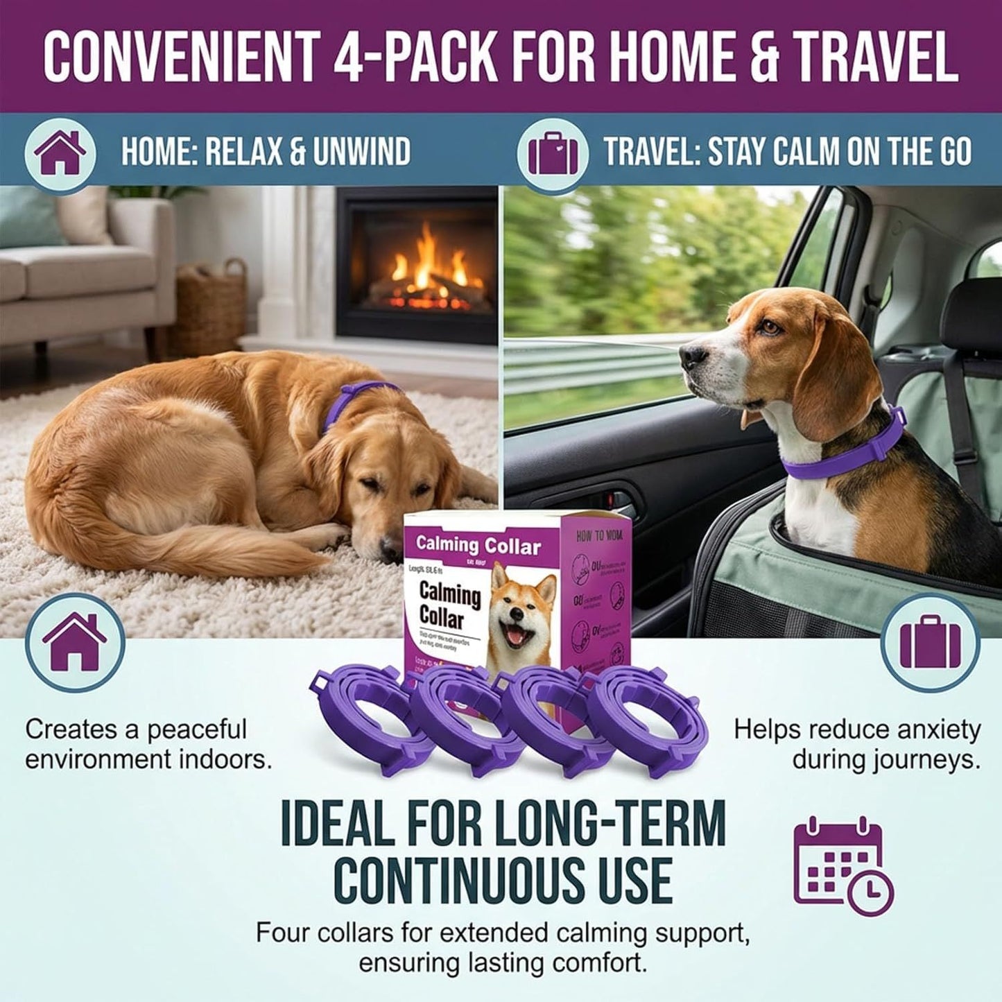Purple Pet Calming Collar 4 Pack (63cm) - Waterproof Silicone Dog Collar Custom Fit for All Breeds - Anxiety Relief & Stress Reduction