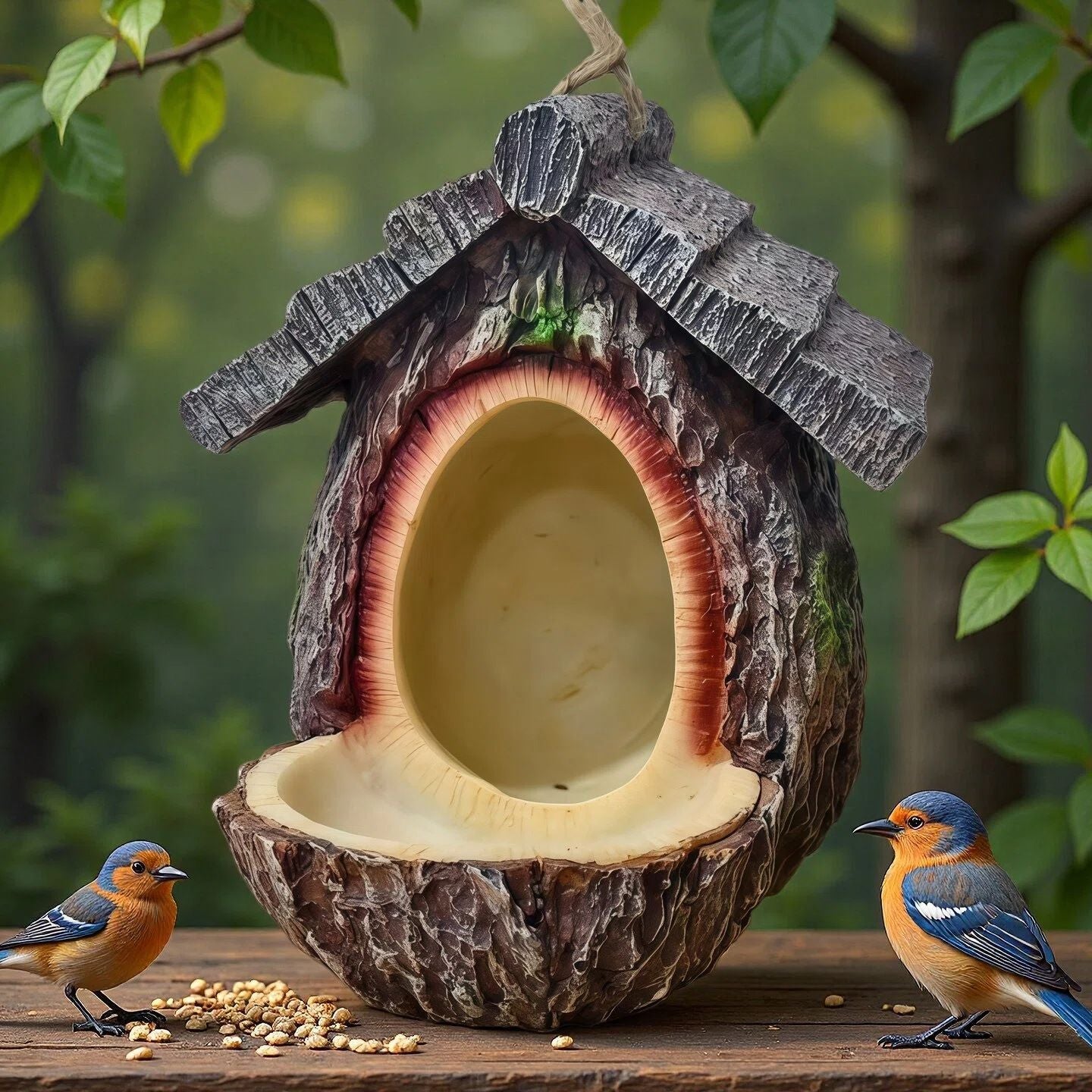 European-Style Fairy House Bird Feeder - Weather-Resistant Resin Hanging Log Cabin Bird Station & Garden Ornament