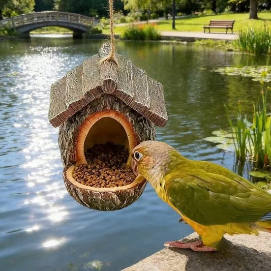 European-Style Fairy House Bird Feeder - Weather-Resistant Resin Hanging Log Cabin Bird Station & Garden Ornament