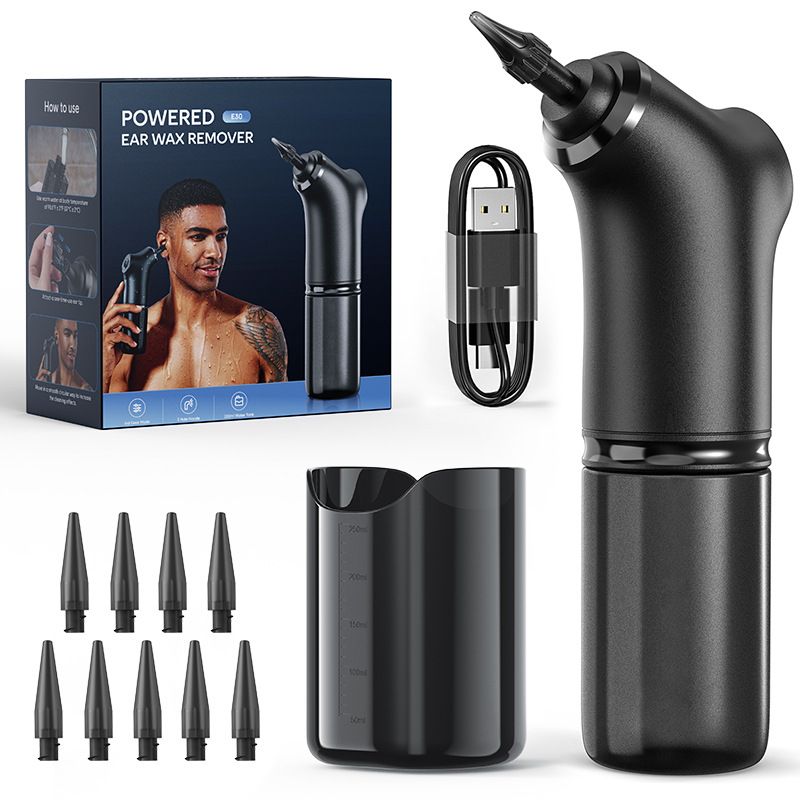 E30 Professional Electric Ear Irrigation and Ear Wax Removal Kit - Type-C Charging, 4 Pressure Levels, 200ML Tank & 10 Specialized Nozzles(9pcs 1-hole Nozzles & 1pcs 5-hole Nozzle)