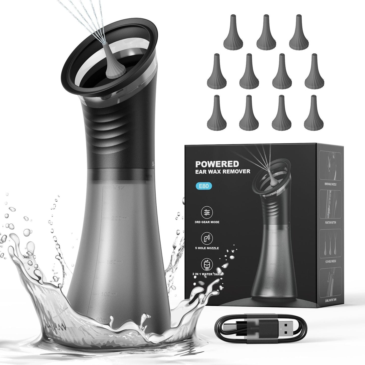 E80 Professional Electric Ear Irrigation and Ear Wax Removal Kit - Type-C Charging, 3 Pressure Levels, 2-in-1 230ML Sewage & Shimizu Tank & 12 Specialized Nozzles(4pcs 1-hole Nozzles +4pcs 3-hole Nozzles + 4pcs 5-hole Nozzles)