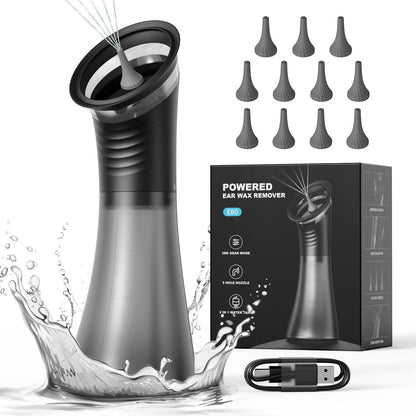 E80 Professional Electric Ear Irrigation and Ear Wax Removal Kit - Type-C Charging, 3 Pressure Levels, 2-in-1 230ML Sewage & Shimizu Tank & 12 Specialized Nozzles(4pcs 1-hole Nozzles +4pcs 3-hole Nozzles + 4pcs 5-hole Nozzles)