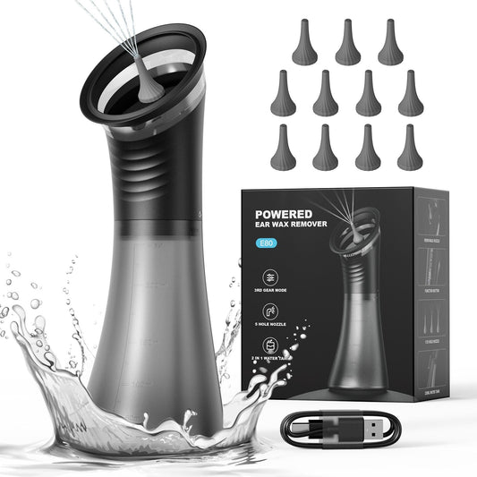 E80 Professional Electric Ear Irrigation and Ear Wax Removal Kit - Type-C Charging, 3 Pressure Levels, 2-in-1 230ML Sewage & Shimizu Tank & 12 Specialized Nozzles(4pcs 1-hole Nozzles +4pcs 3-hole Nozzles + 4pcs 5-hole Nozzles)