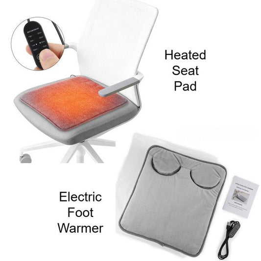 Grey Portable Versatile USB Electric Foot Warmer + Heated Seat Pad Set with 4 Temp Levels & 4 Auto-Shutoff Timer - Soft Fleece Washable Heating Mat