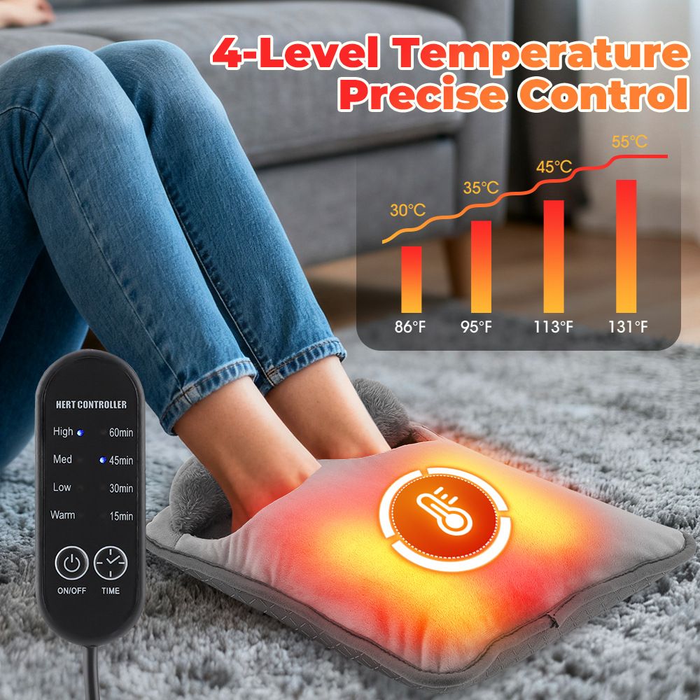 Grey Portable Versatile USB Electric Foot Warmer + Heated Seat Pad Set with 4 Temp Levels & 4 Auto-Shutoff Timer - Soft Fleece Washable Heating Mat