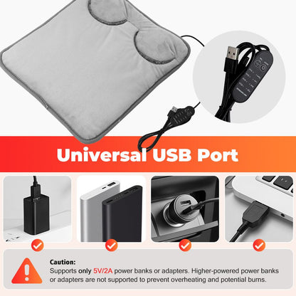 Grey Portable Versatile USB Electric Foot Warmer + Heated Seat Pad Set with 4 Temp Levels & 4 Auto-Shutoff Timer - Soft Fleece Washable Heating Mat