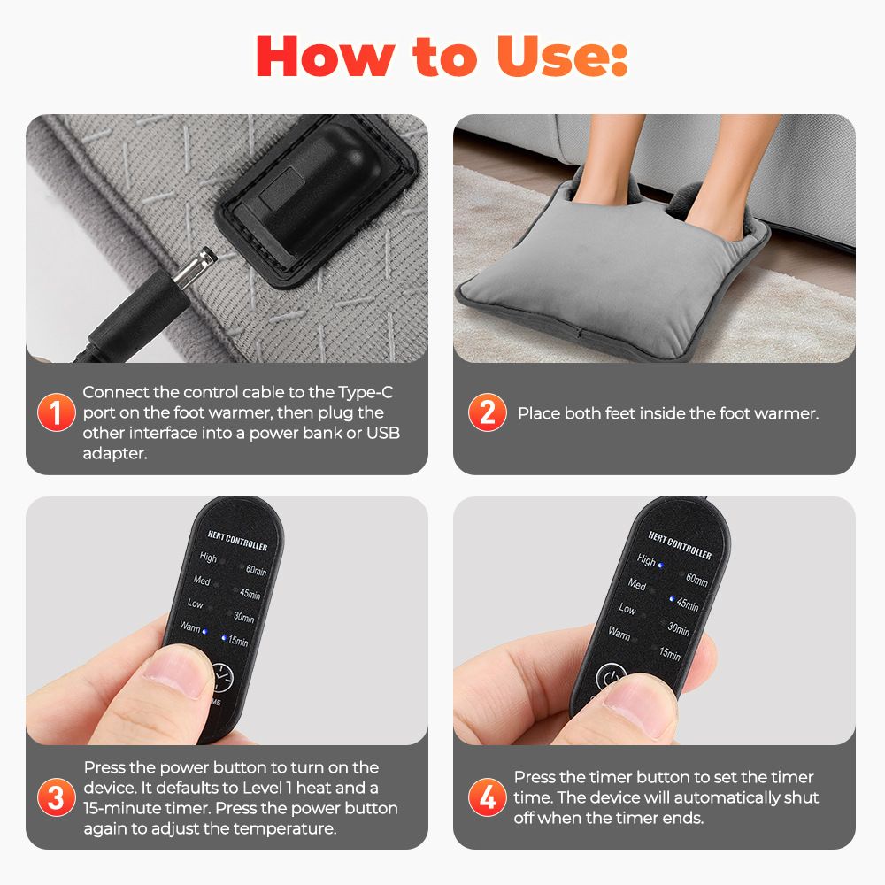 Grey Portable Versatile USB Electric Foot Warmer + Heated Seat Pad Set with 4 Temp Levels & 4 Auto-Shutoff Timer - Soft Fleece Washable Heating Mat