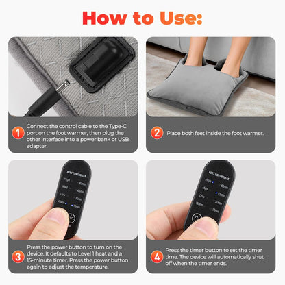 Grey Portable Versatile USB Electric Foot Warmer + Heated Seat Pad Set with 4 Temp Levels & 4 Auto-Shutoff Timer - Soft Fleece Washable Heating Mat