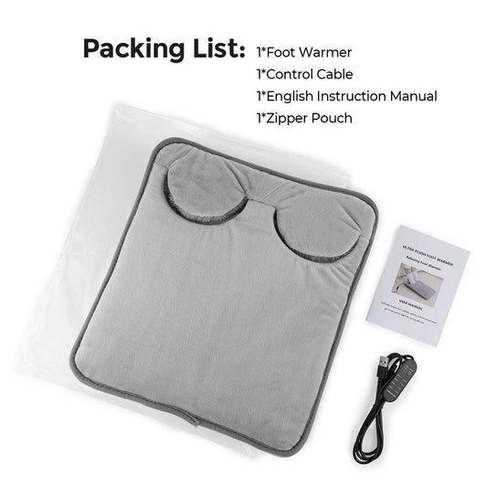 Grey Portable Versatile USB Electric Foot Warmer with 4 Temp Levels & 4 Auto-Shutoff Timer - Soft Fleece Washable Heating Mat