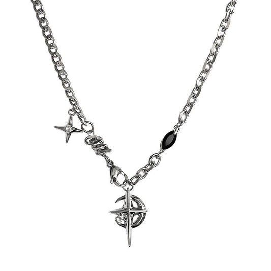 Gothic Cross & North Star Dual-Pendant Splicing Necklace for Men and Women - Titanium Steel Iced Out Cuban Link Chain with Black Gemstone Accents