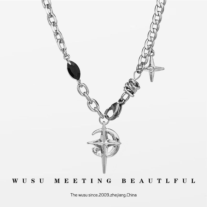 Gothic Cross & North Star Dual-Pendant Splicing Necklace for Men and Women - Titanium Steel Iced Out Cuban Link Chain with Black Gemstone Accents