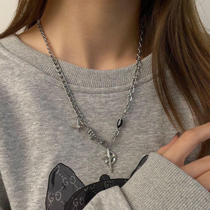 Gothic Cross & North Star Dual-Pendant Splicing Necklace for Men and Women - Titanium Steel Iced Out Cuban Link Chain with Black Gemstone Accents
