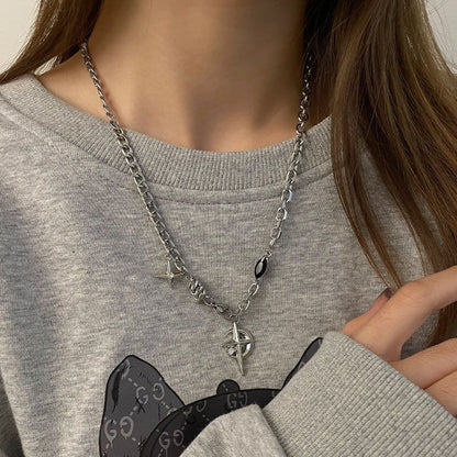 Gothic Cross & North Star Dual-Pendant Splicing Necklace for Men and Women - Titanium Steel Iced Out Cuban Link Chain with Black Gemstone Accents