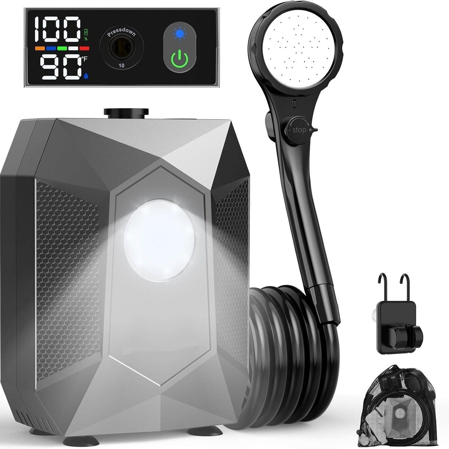 Portable Camping Shower Pump, 6000mAh Rechargable Outdoor Shower Set with 4-Mode Camping Light, 3 Spray Modes & Digital Display, IPX8 Waterproof Pump for Hiking, Travel, Car, Pet