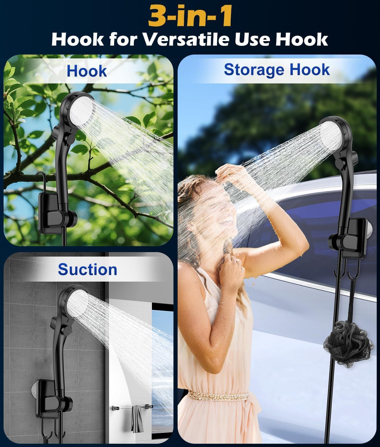 Portable Camping Shower Pump, 6000mAh Rechargable Outdoor Shower Set with 4-Mode Camping Light, 3 Spray Modes & Digital Display, IPX8 Waterproof Pump for Hiking, Travel, Car, Pet