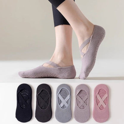 5-Pair Purple Premium Non-Slip Yoga & Pilates Socks with Elastic Cross-Straps - Breathable Cotton Ballet-Style High Grip Socks