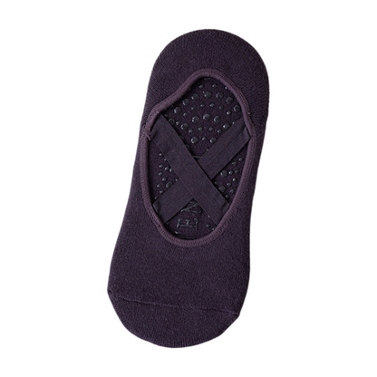 5-Pair Dark Purple Premium Non-Slip Yoga & Pilates Socks with Elastic Cross-Straps - Breathable Cotton Ballet-Style High Grip Socks