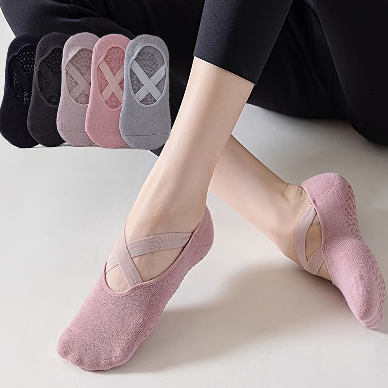 5-Pair Premium Non-Slip Yoga & Pilates Socks with Elastic Cross-Straps - Breathable Cotton Ballet-Style High Grip Socks (5-Colors)