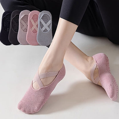 5-Pair Premium Non-Slip Yoga & Pilates Socks with Elastic Cross-Straps - Breathable Cotton Ballet-Style High Grip Socks (5-Colors)