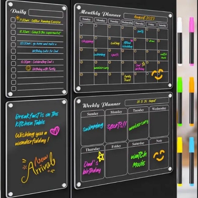 4-Piece Magnetic Acrylic Fridge Monthly + Weekly + Daily Planner Boards Set - Reusable Minimalist Memo Board with 6 Markers and Dry Eraser