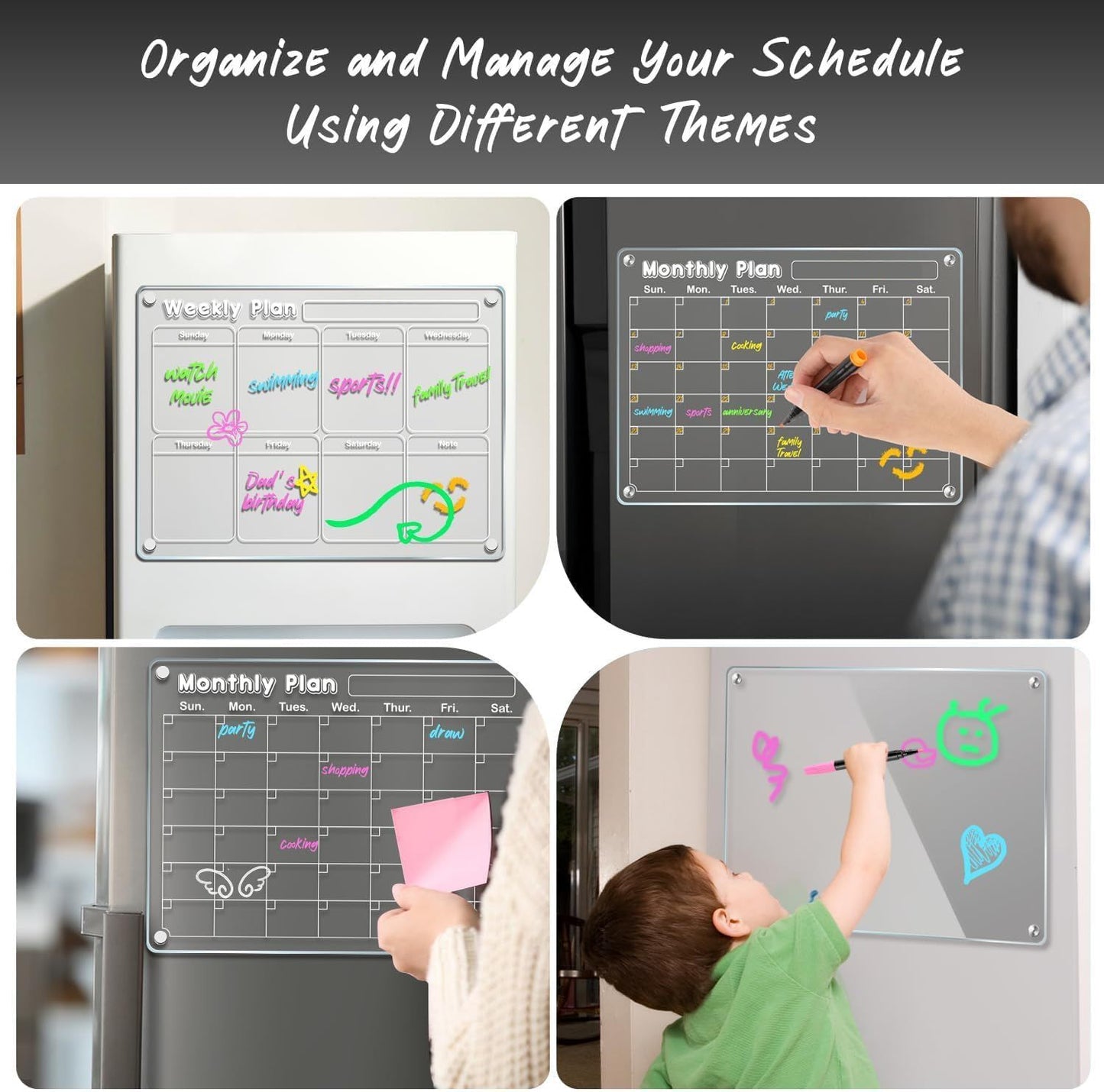 4-Piece Magnetic Acrylic Fridge Monthly + Weekly + Daily Planner Boards Set - Reusable Minimalist Memo Board with 6 Markers and Dry Eraser