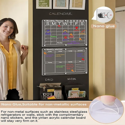 4-Piece Magnetic Acrylic Fridge Monthly + Weekly + Daily Planner Boards Set - Reusable Minimalist Memo Board with 6 Markers and Dry Eraser