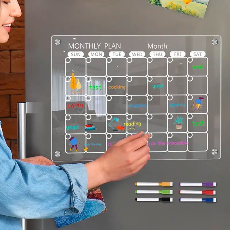 4-Piece Magnetic Acrylic Fridge Monthly + Weekly + Daily Planner Boards Set - Reusable Minimalist Memo Board with 6 Markers and Dry Eraser