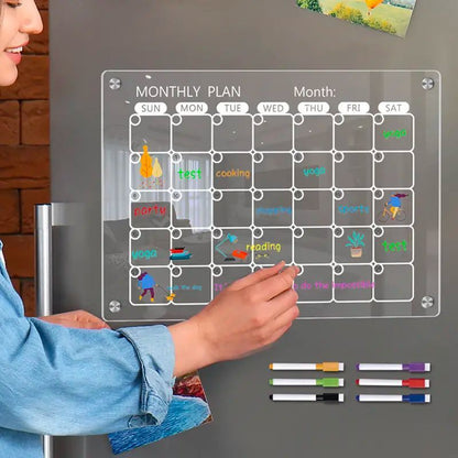 4-Piece Magnetic Acrylic Fridge Monthly + Weekly + Daily Planner Boards Set - Reusable Minimalist Memo Board with 6 Markers and Dry Eraser