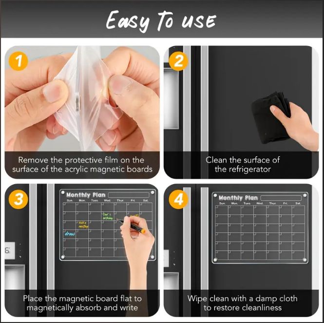 4-Piece Magnetic Acrylic Fridge Monthly + Weekly + Daily Planner Boards Set - Reusable Minimalist Memo Board with 6 Markers and Dry Eraser