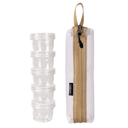 5-Piece Lightweight Stackable Outdoor Spice Jar Set for BBQ Picnic & Travel - Portable Camping Seasoning Kit with White Mesh Storage Bag