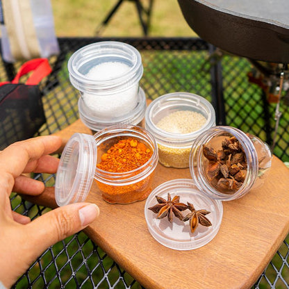 5-Piece Lightweight Stackable Outdoor Spice Jar Set for BBQ Picnic & Travel - Portable Camping Seasoning Kit with White Mesh Storage Bag