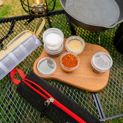 5-Piece Lightweight Stackable Outdoor Spice Jar Set for BBQ Picnic & Travel - Portable Camping Seasoning Kit with White Mesh Storage Bag