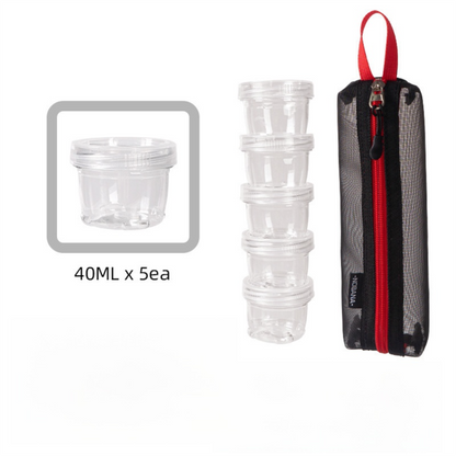 5-Piece Lightweight Stackable Outdoor Spice Jar Set for BBQ Picnic & Travel - Portable Camping Seasoning Kit with Black Mesh Storage Bag