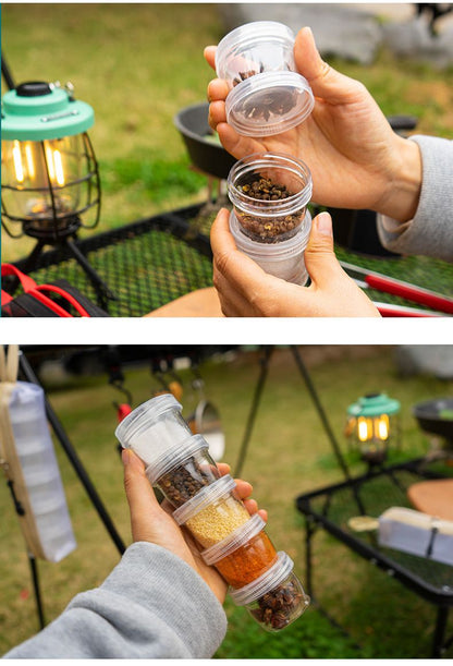 5-Piece Lightweight Stackable Outdoor Spice Jar Set for BBQ Picnic & Travel - Portable Camping Seasoning Kit with Black Mesh Storage Bag
