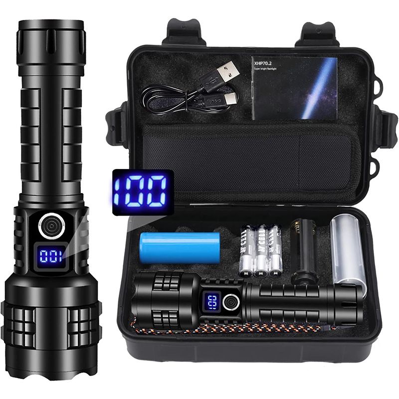 Gift Box Heavy Duty LED Flashlight and Tactical Torch - Waterproof & High Power, Zoomable 5 Modes, USB-C Rechargeable, Digital Display & Emergency Power Bank for Home & Outdoor Use