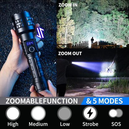 Gift Box Heavy Duty LED Flashlight and Tactical Torch - Waterproof & High Power, Zoomable 5 Modes, USB-C Rechargeable, Digital Display & Emergency Power Bank for Home & Outdoor Use