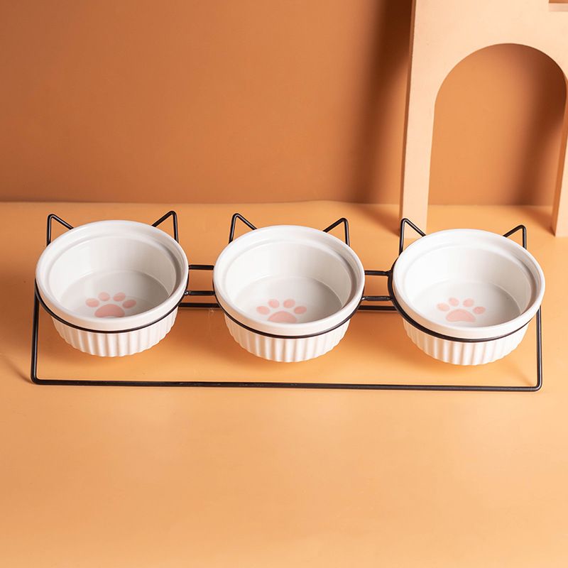 Triple Slanted Ceramic Pet Bowl Set with Elevated Iron Stand and Non Slip Base - 3 x 300ML Versatile Pink Cat Paw Print Pattern Dishes for Water & Food