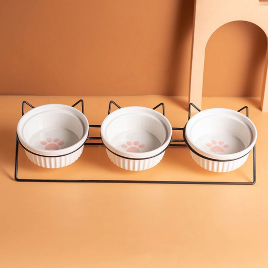 Triple Slanted Ceramic Pet Bowl Set with Elevated Iron Stand and Non Slip Base - 3 x 300ML Versatile Pink Cat Paw Print Pattern Dishes for Water & Food