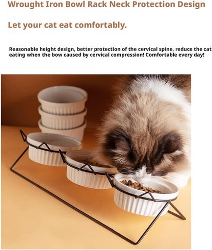 Triple Slanted Ceramic Pet Bowl Set with Elevated Iron Stand and Non Slip Base - 3 x 300ML Versatile Blue Cat Paw Print Pattern Dishes for Water & Food