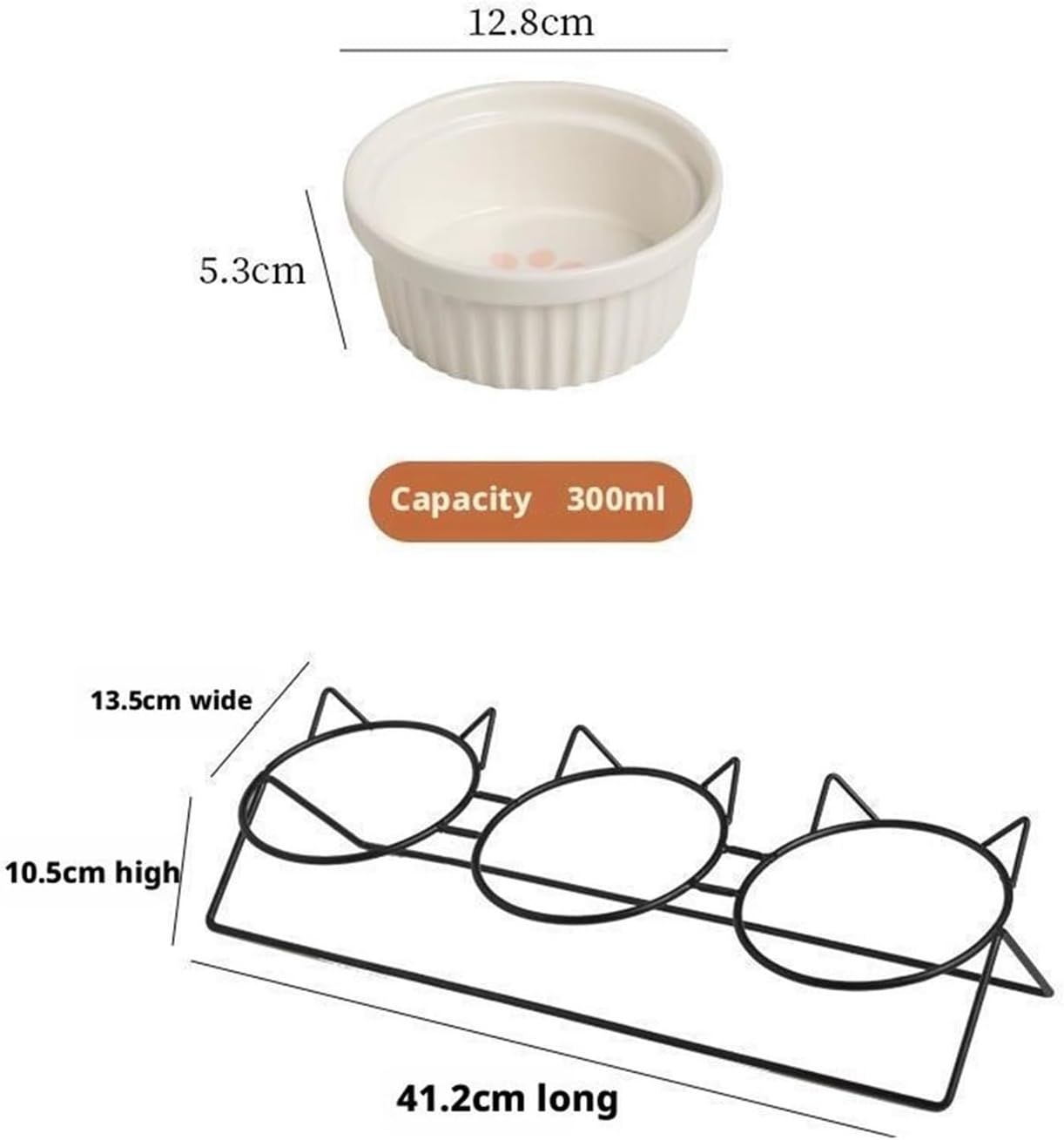 Triple Slanted Ceramic Pet Bowl Set with Elevated Iron Stand and Non Slip Base - 3 x 300ML Versatile Blue Cat Paw Print Pattern Dishes for Water & Food