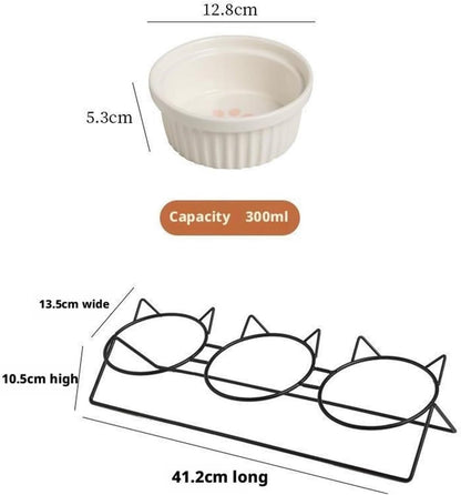 Triple Slanted Ceramic Pet Bowl Set with Elevated Iron Stand and Non Slip Base - 3 x 300ML Versatile Yellow Cat Paw Print Pattern Dishes for Water & Food
