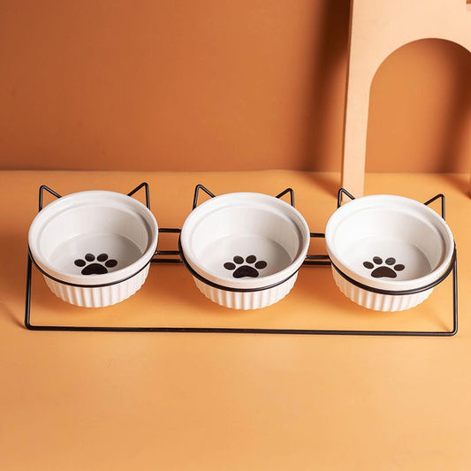 Triple Slanted Ceramic Pet Bowl Set with Elevated Iron Stand and Non Slip Base - 3 x 300ML Versatile Black Cat Paw Print Pattern Dishes for Water & Food