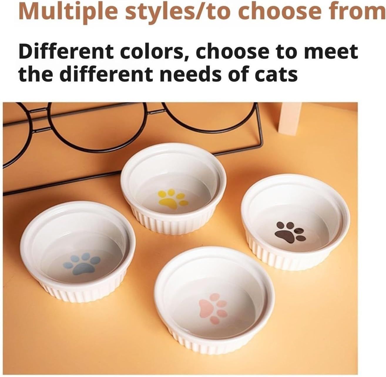 Triple Slanted Ceramic Pet Bowl Set with Elevated Iron Stand and Non Slip Base - 3 x 300ML Versatile Black Cat Paw Print Pattern Dishes for Water & Food