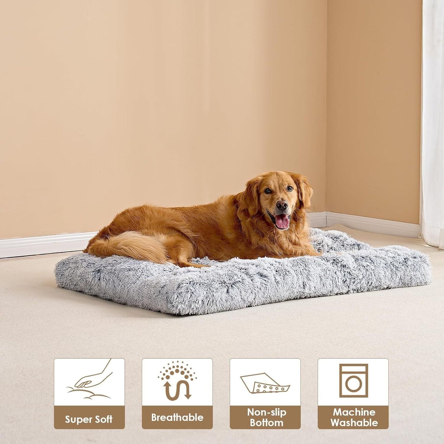 80 x 55 CM Winter Long Plush Dog Bed for Large Dogs - 10CM Thickened Fluffy Faux Fur Pad - Calming Anti Anxiety Pet Cushion with Non-Slip Bottom, Removable & Washable Heavy Duty Bedding, Grey L Size