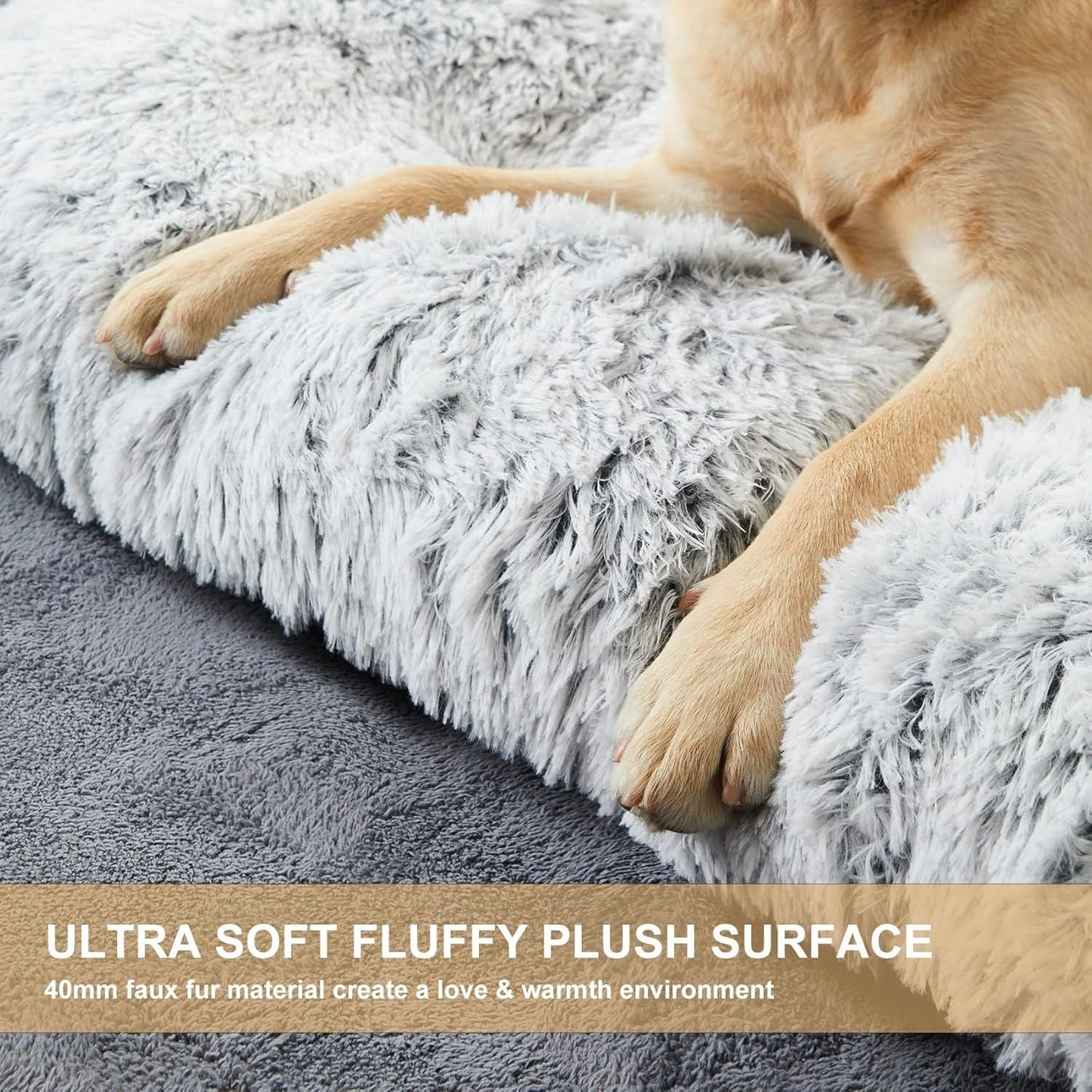80 x 55 CM Winter Long Plush Dog Bed for Large Dogs - 10CM Thickened Fluffy Faux Fur Pad - Calming Anti Anxiety Pet Cushion with Non-Slip Bottom, Removable & Washable Heavy Duty Bedding, Grey L Size