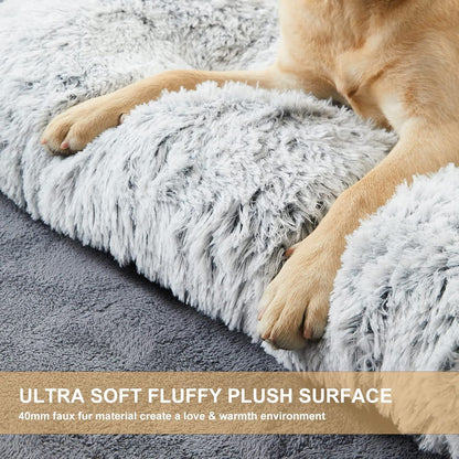 80 x 55 CM Winter Long Plush Dog Bed for Large Dogs - 10CM Thickened Fluffy Faux Fur Pad - Calming Anti Anxiety Pet Cushion with Non-Slip Bottom, Removable & Washable Heavy Duty Bedding, Grey L Size