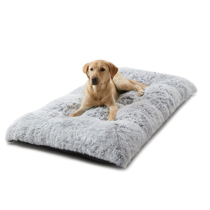 95 x 65 CM Winter Long Plush Dog Bed for Large Dogs - 10CM Thickened Fluffy Faux Fur Pad - Calming Anti Anxiety Pet Cushion with Non-Slip Bottom, Removable & Washable Heavy Duty Bedding, Grey XL Size