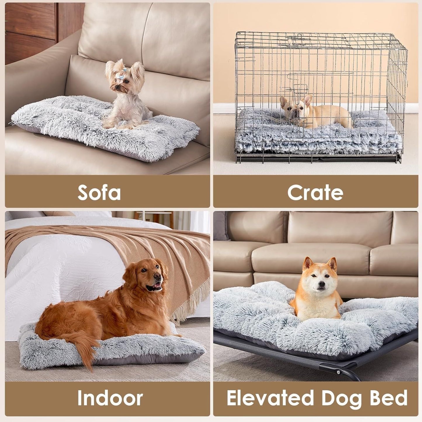 95 x 65 CM Winter Long Plush Dog Bed for Large Dogs - 10CM Thickened Fluffy Faux Fur Pad - Calming Anti Anxiety Pet Cushion with Non-Slip Bottom, Removable & Washable Heavy Duty Bedding, Grey XL Size