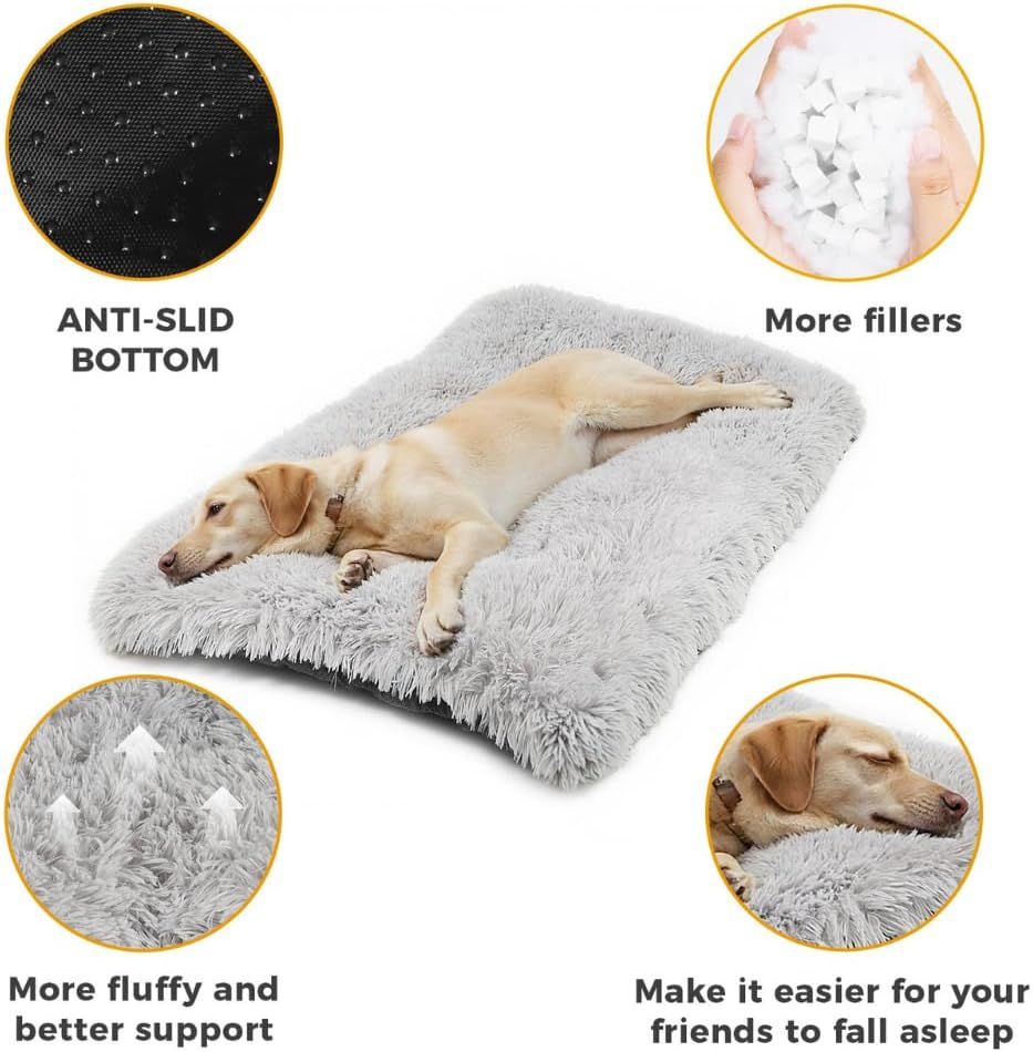 95 x 65 CM Winter Long Plush Dog Bed for Large Dogs - 10CM Thickened Fluffy Faux Fur Pad - Calming Anti Anxiety Pet Cushion with Non-Slip Bottom, Removable & Washable Heavy Duty Bedding, Grey XL Size